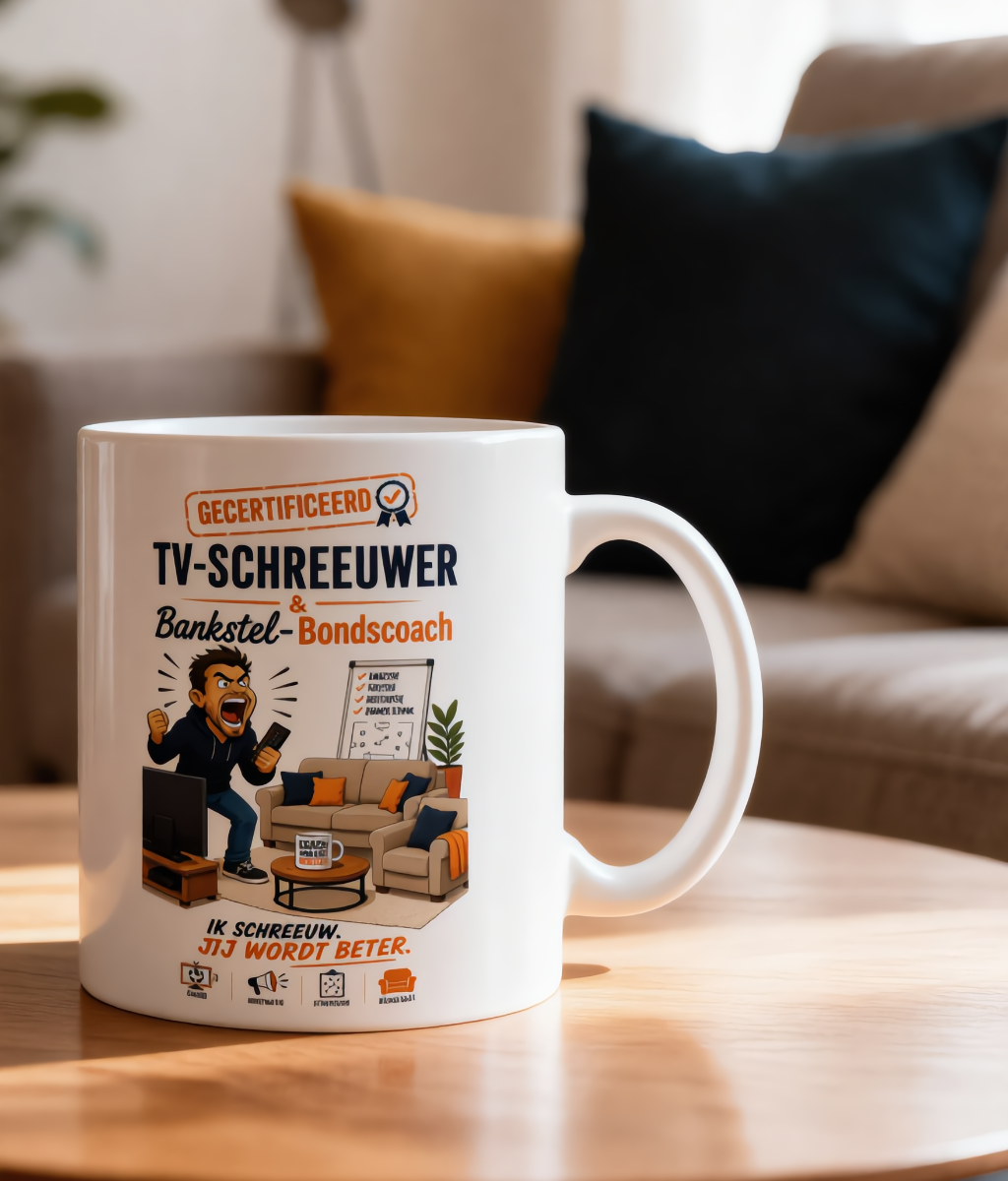 Mok “Gecertificeerd TV-schreeuwer & Bankstel Bondscoach” – Voetbalhumor Mok