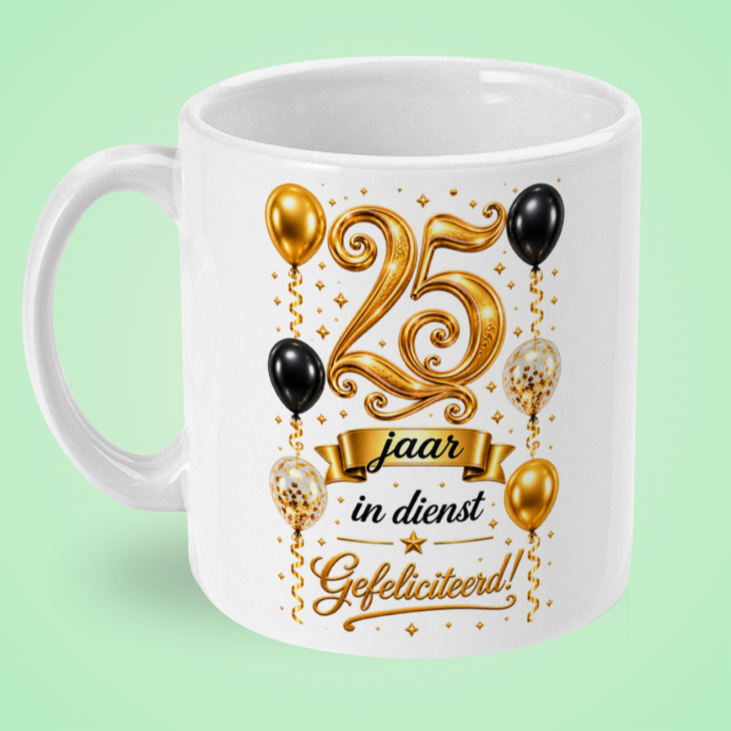 Mok ‘25 jaar in dienst, gefeliciteerd!’ – zwart en goud