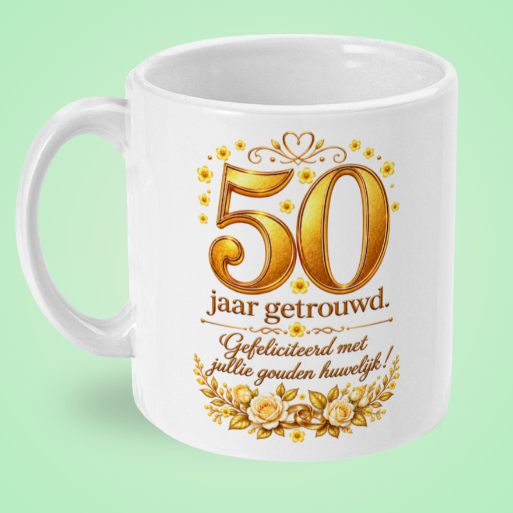 Mok 50 jaar getrouwd met gouden bloemen