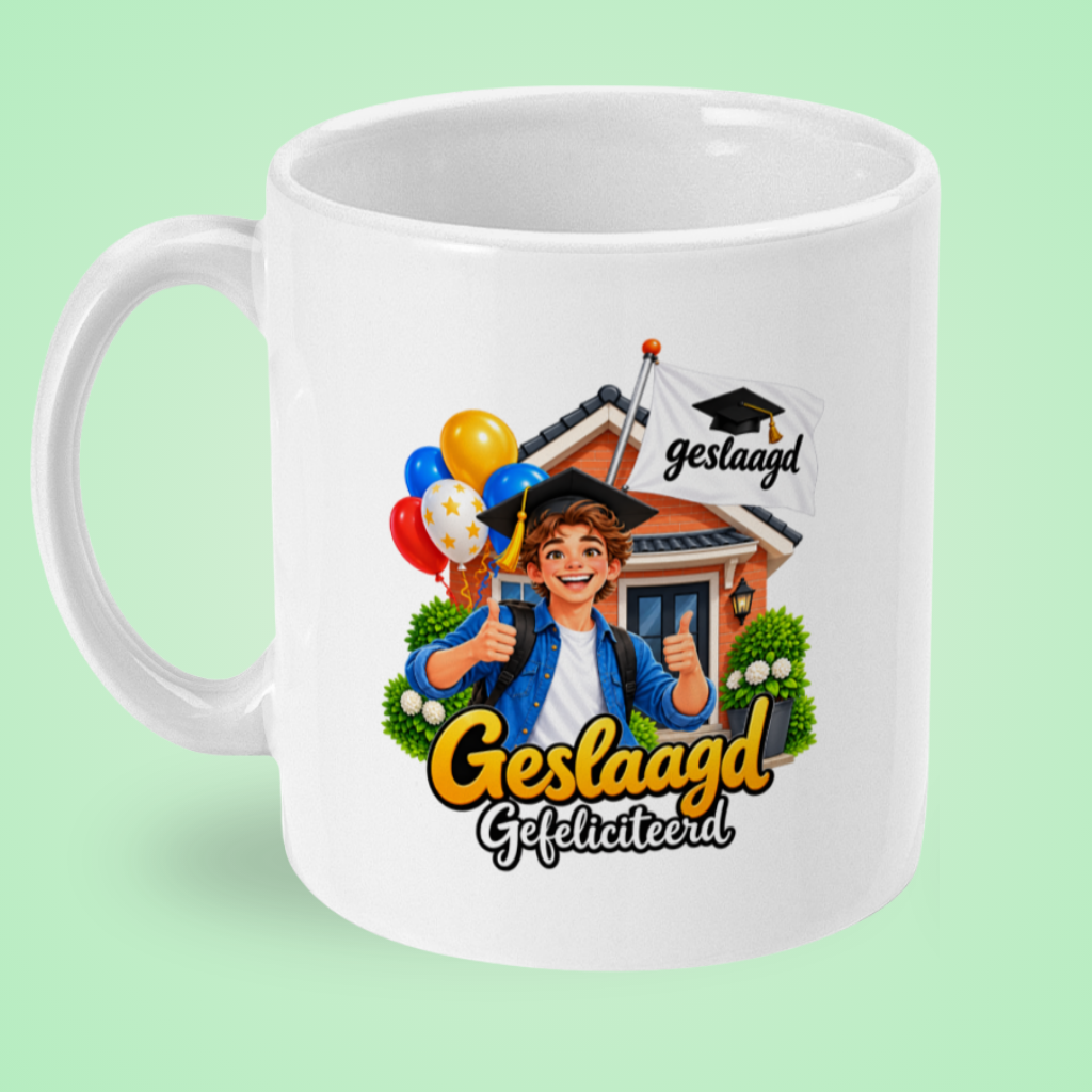 Geslaagd mok voor een jongen ‘Gefeliciteerd’