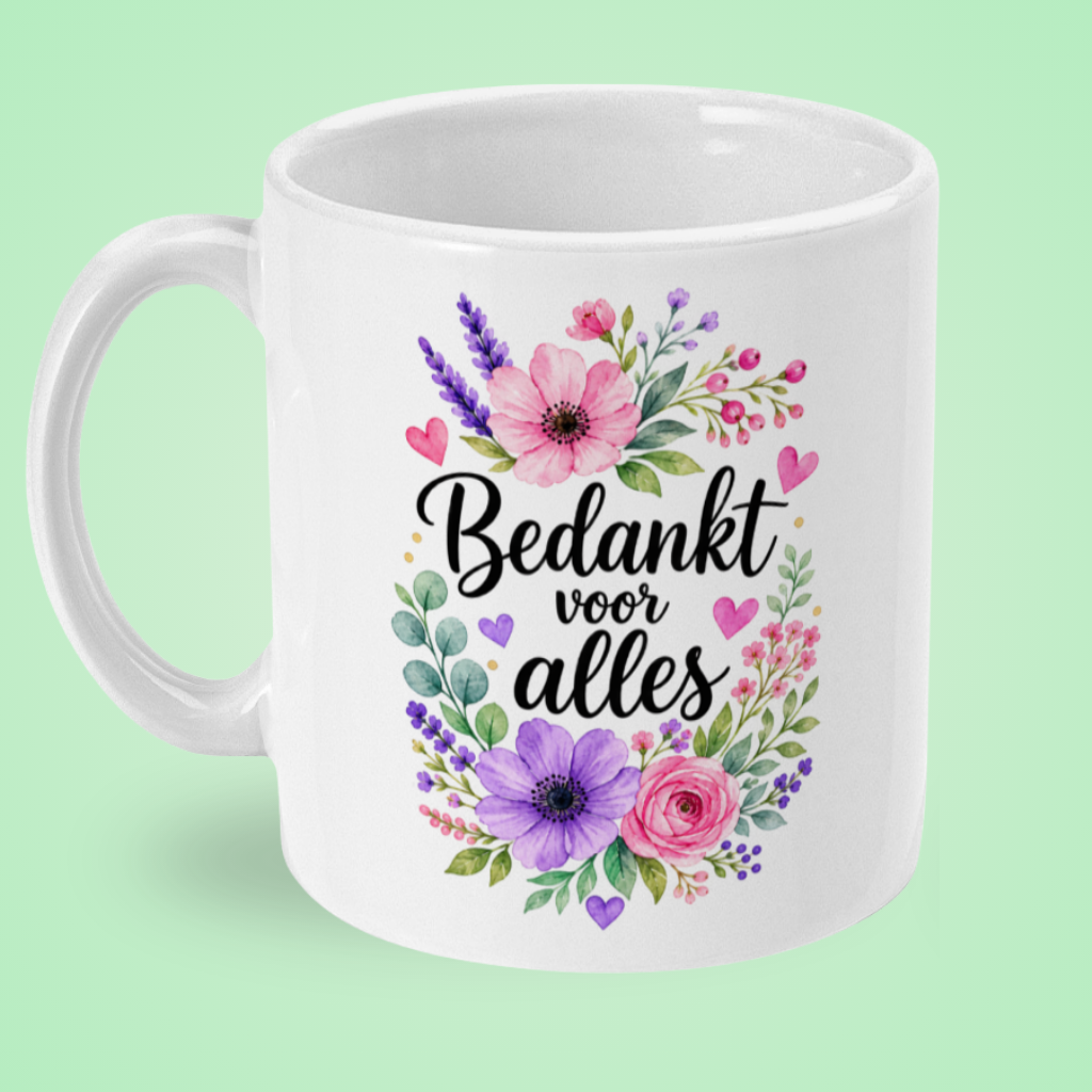 Mok ‘Bedankt voor alles’ met bloemen