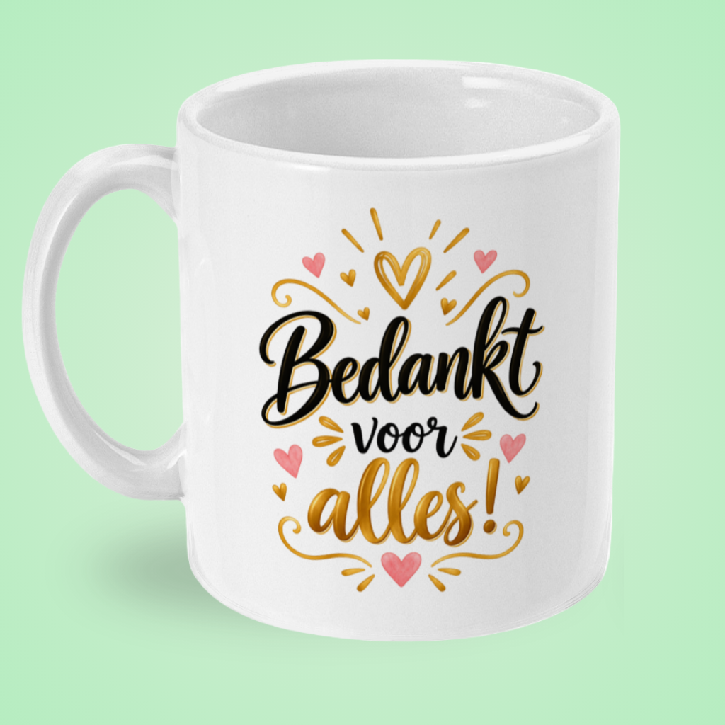 Mok ‘Bedankt voor alles!’ met roze en gouden hartjes