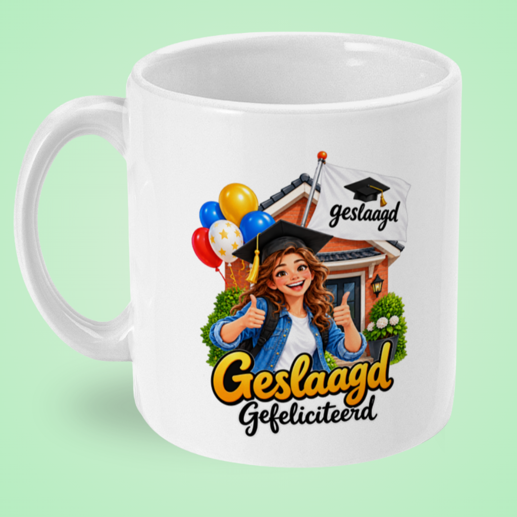 Geslaagd mok voor een meisje ‘Gefeliciteerd’