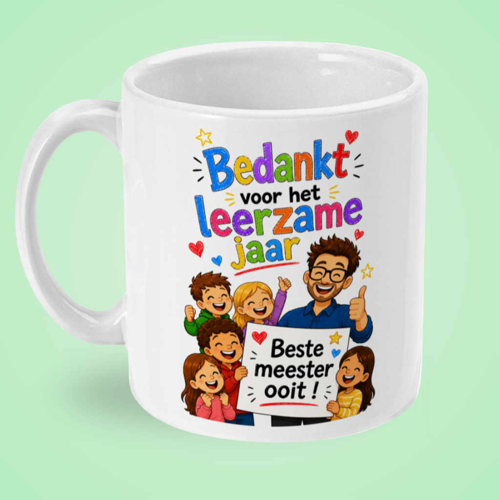Mok ‘Bedankt voor het leerzame jaar, beste meester ooit!’ – illustratie