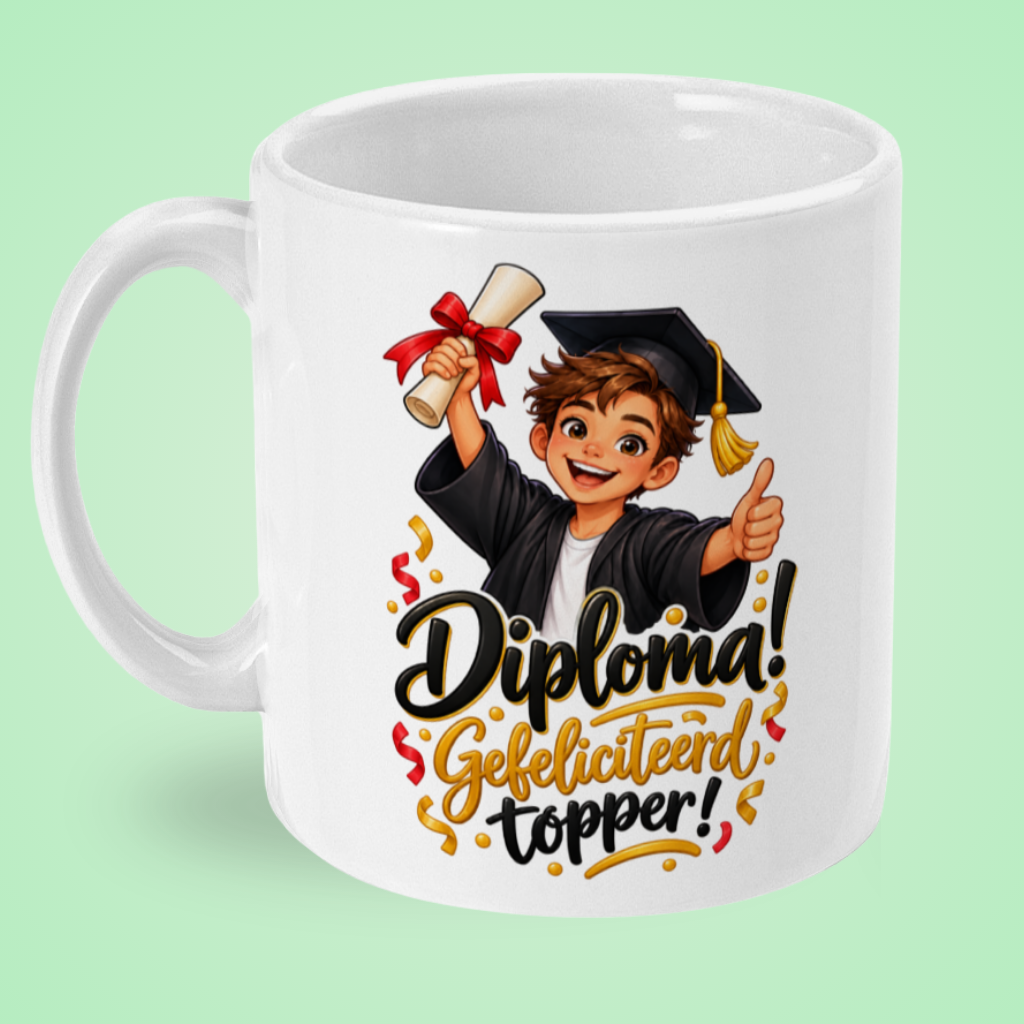 Diplomamok voor een jongen ‘Gefeliciteerd topper!’