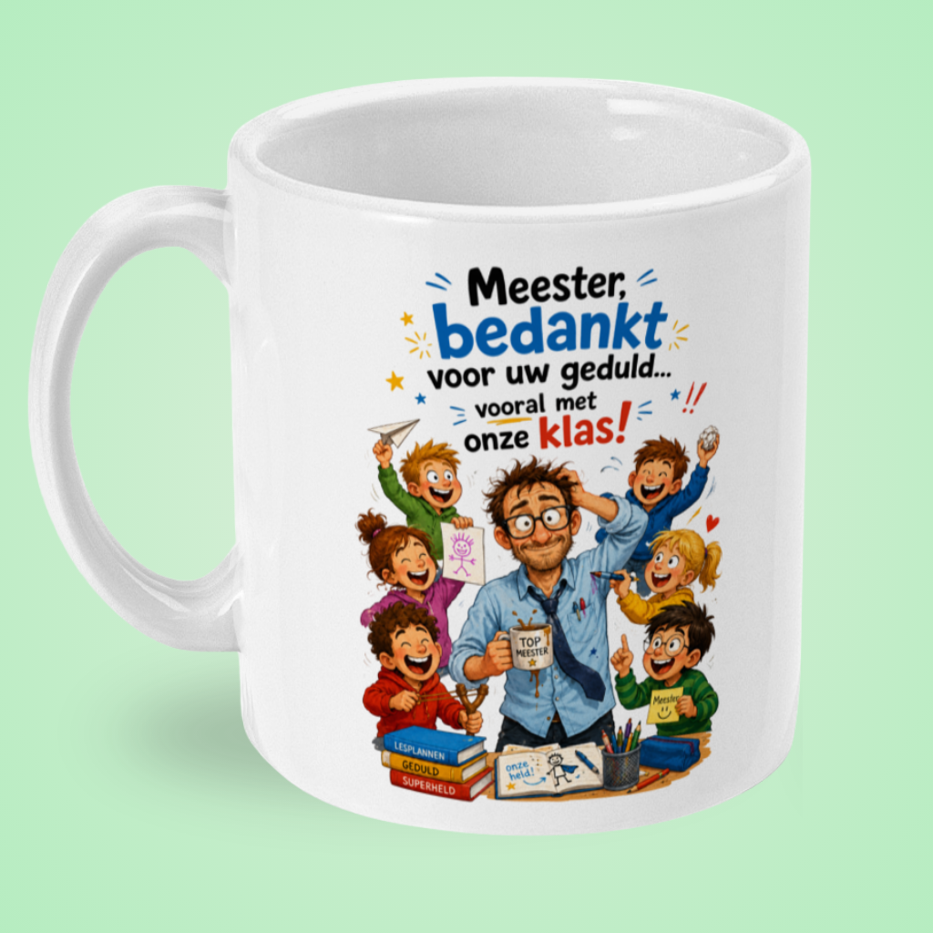 Grappige meester mok over geduld en de klas