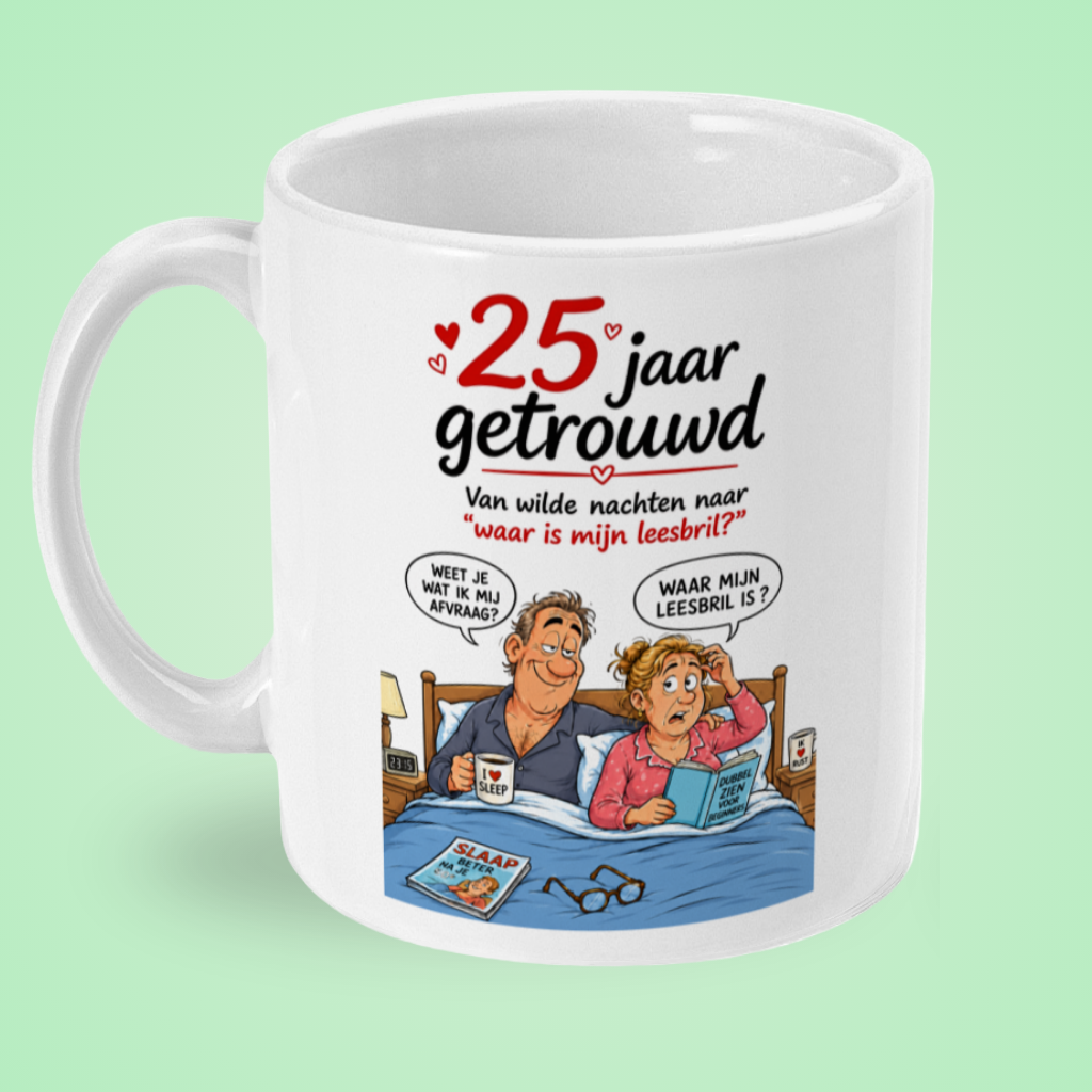 Grappige mok 25 jaar huwelijk ‘Waar is mijn leesbril?’