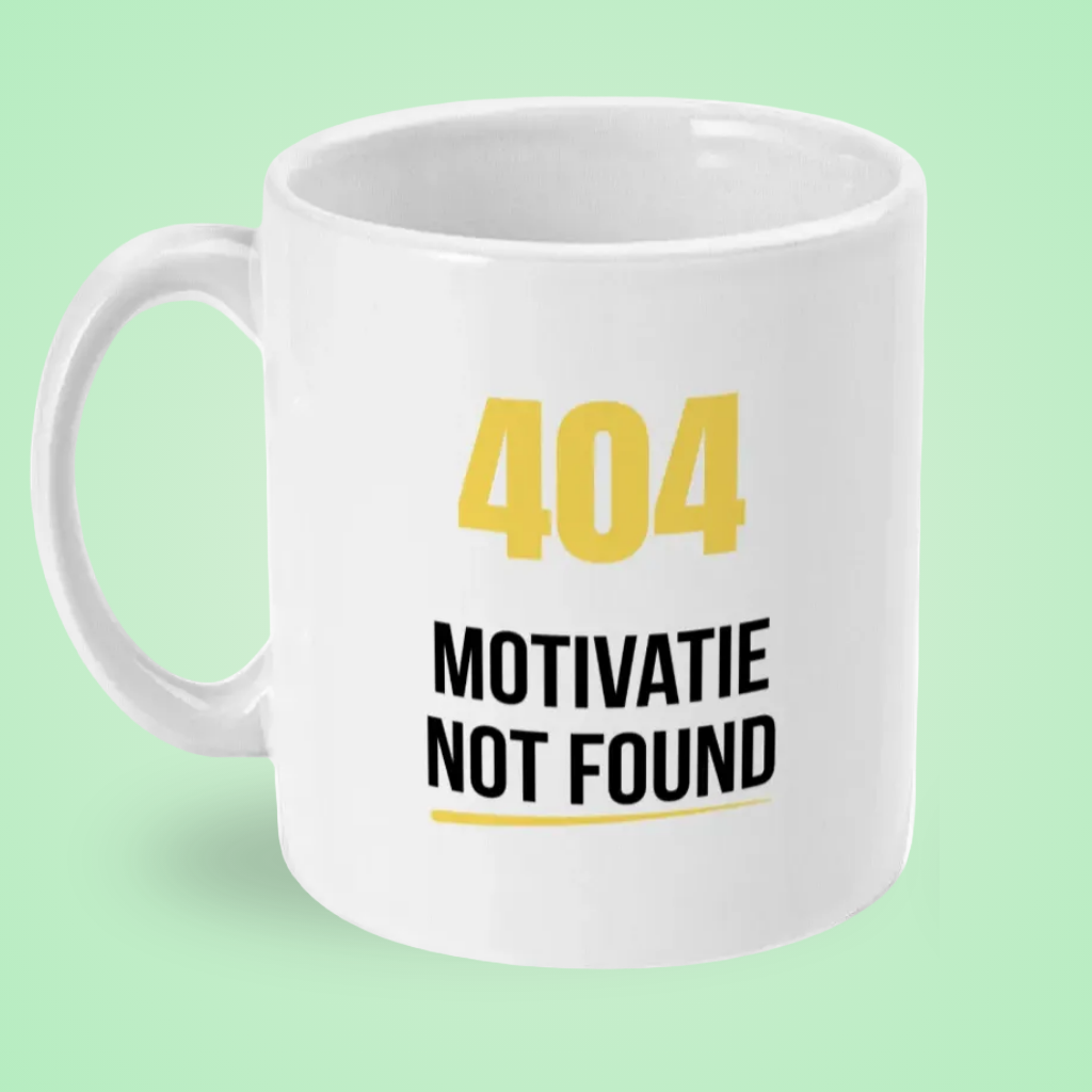 Mok “404 Motivatie Not Found” – IT Humor Mok