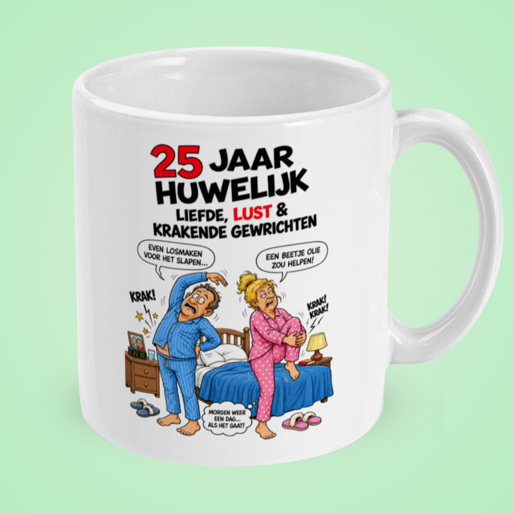 Grappige mok 25 jaar huwelijk ‘Liefde, lust en krakende gewrichten’