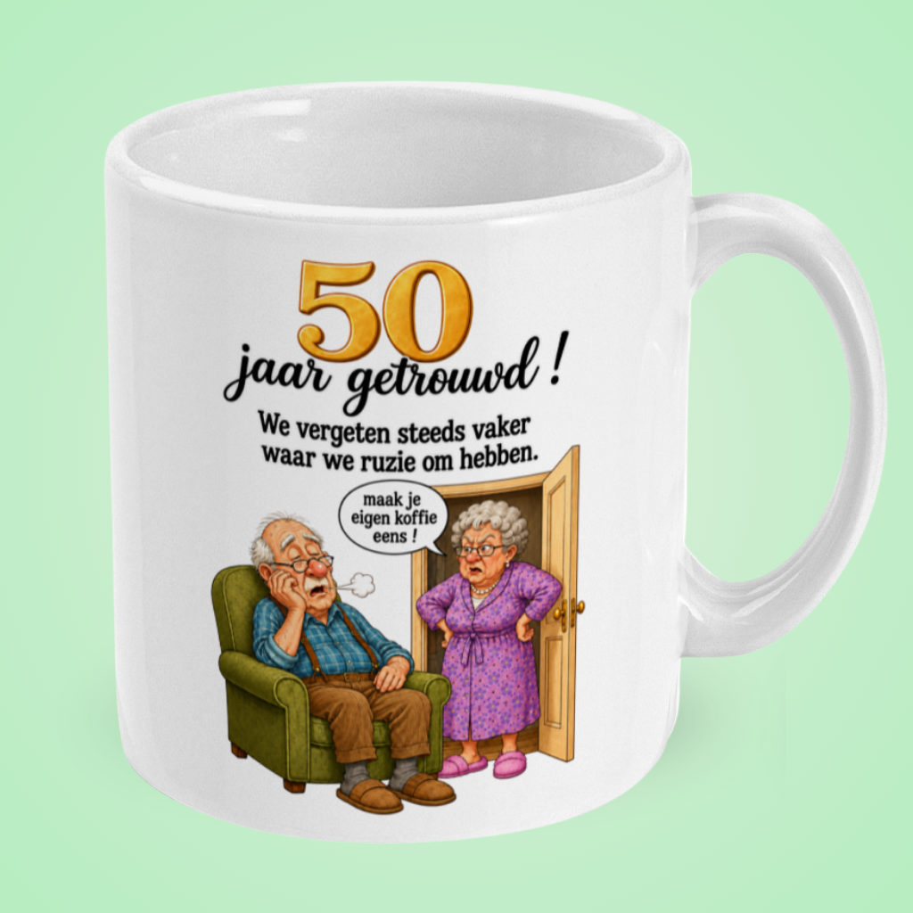 Grappige mok 50 jaar getrouwd ‘Waarom hadden we ruzie?’