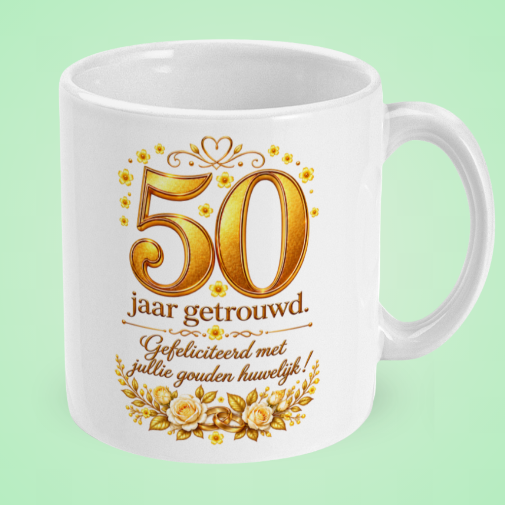 Mok 50 jaar getrouwd met gouden bloemen