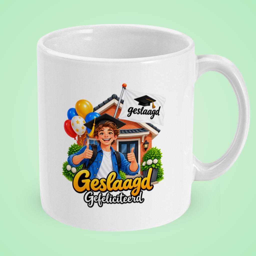 Geslaagd mok voor een jongen ‘Gefeliciteerd’