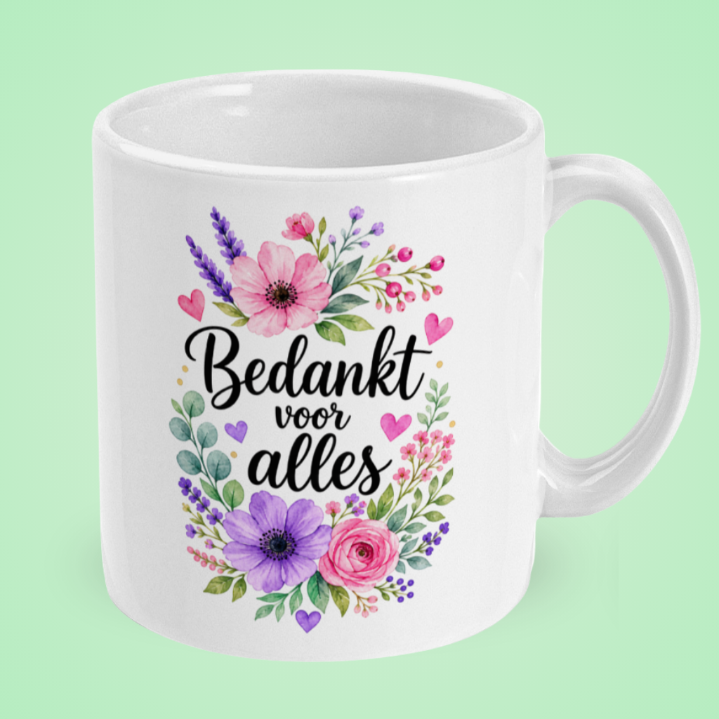 Mok ‘Bedankt voor alles’ met bloemen