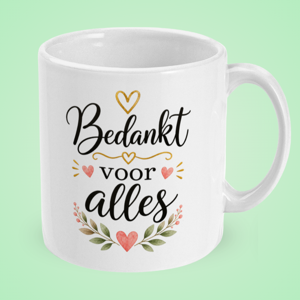 Mok ‘Bedankt voor alles’ met hartjes en blaadjes