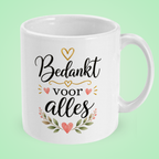 Mok ‘Bedankt voor alles’ met hartjes en blaadjes