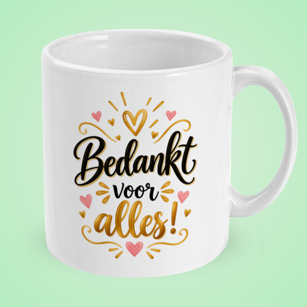 Mok ‘Bedankt voor alles!’ met roze en gouden hartjes