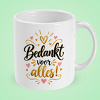 Mok ‘Bedankt voor alles!’ met roze en gouden hartjes