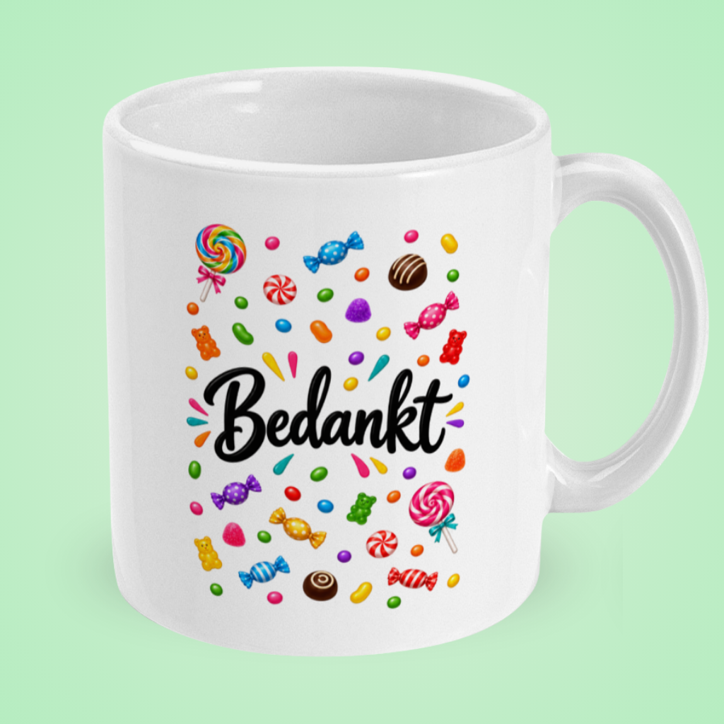 Mok ‘Bedankt!’ met snoepjes