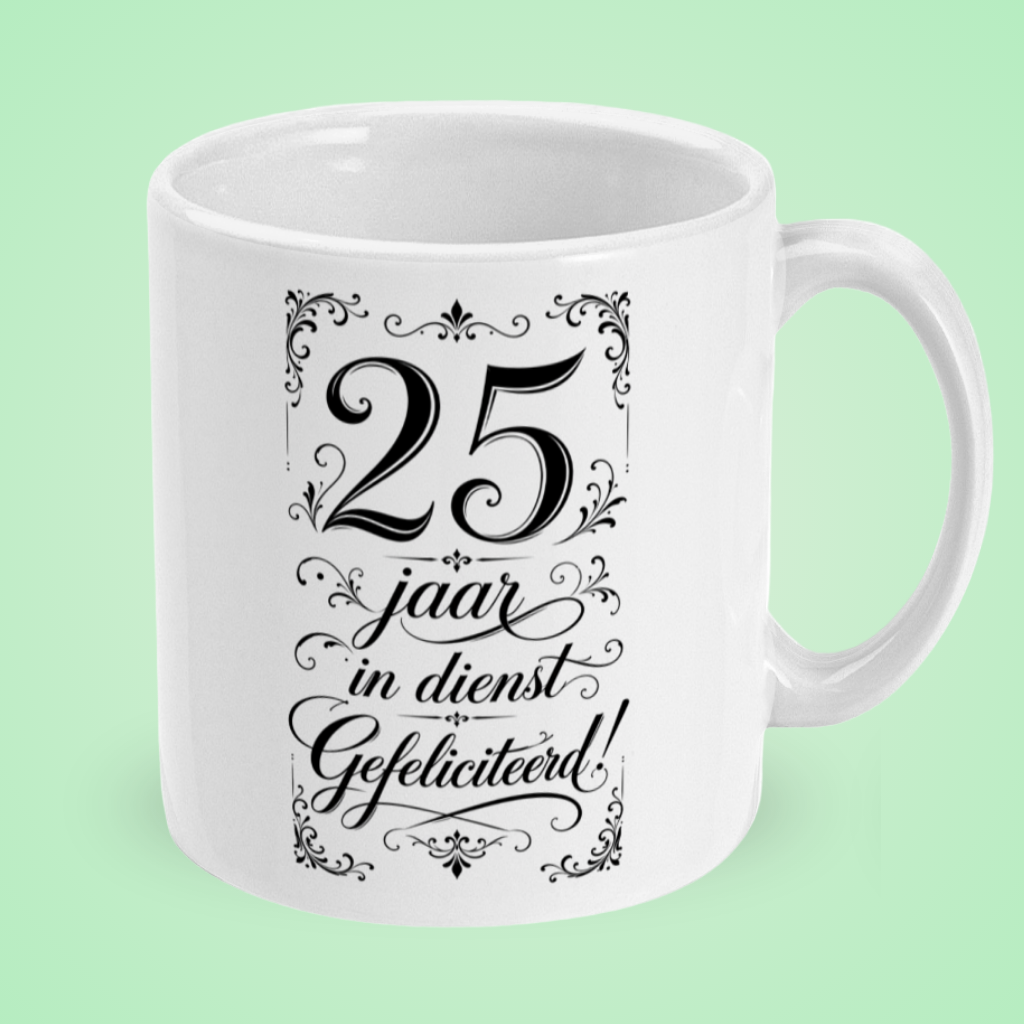 Mok ‘25 jaar in dienst, gefeliciteerd!’ – zwart-wit klassiek