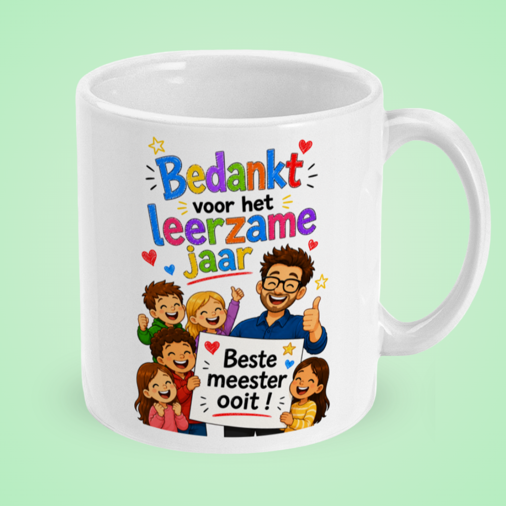 Mok ‘Bedankt voor het leerzame jaar, beste meester ooit!’ – illustratie