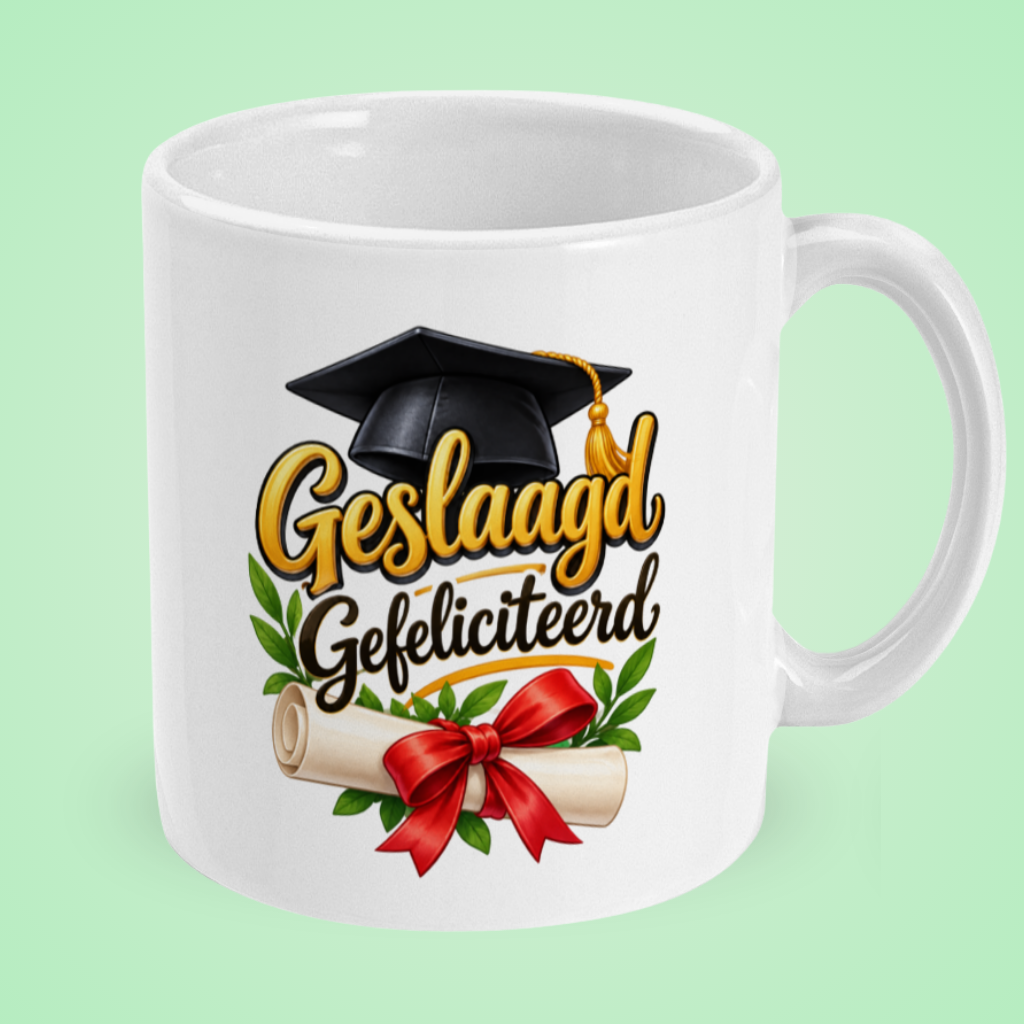 Geslaagd mok ‘Gefeliciteerd’ met afstudeerhoed en diploma
