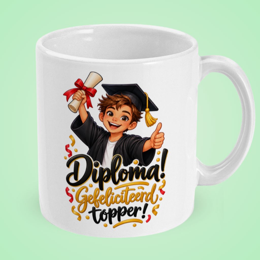 Diplomamok voor een jongen ‘Gefeliciteerd topper!’