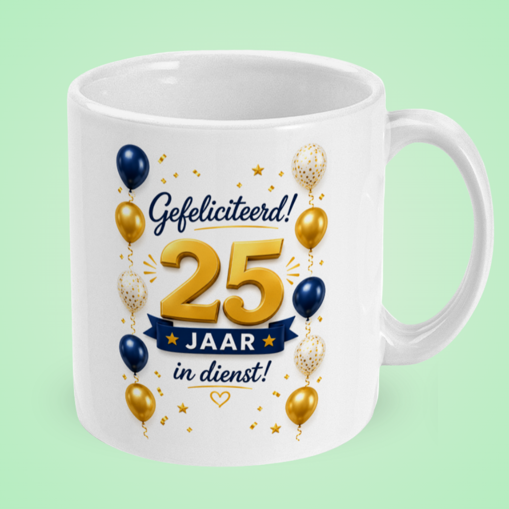 Mok ‘Gefeliciteerd! 25 jaar in dienst’ – blauw en goud