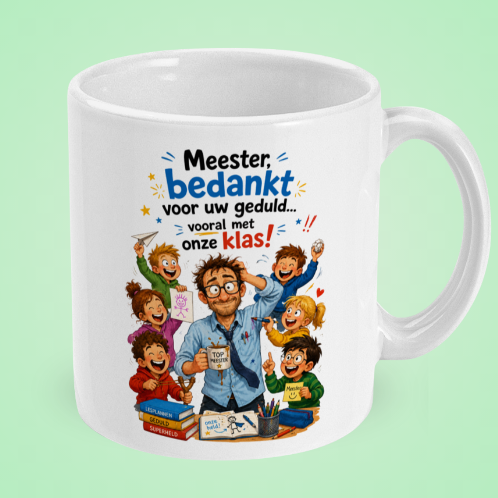 Grappige meester mok over geduld en de klas