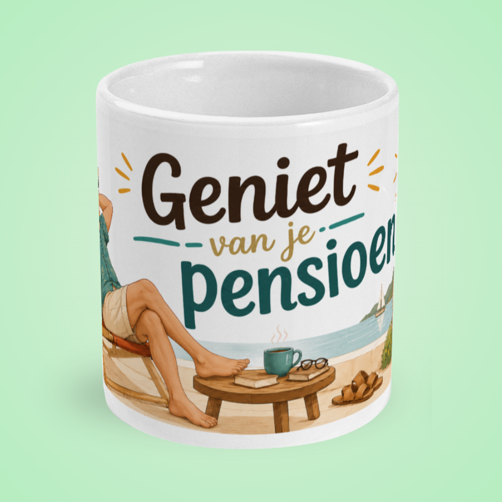 Geïllustreerde pensioen mok – Geniet van je pensioen
