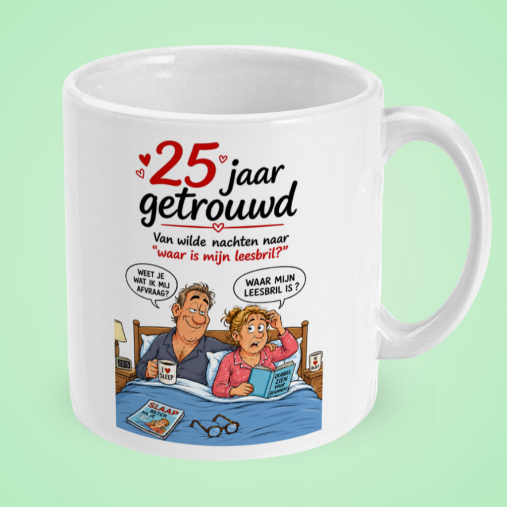 Grappige mok 25 jaar huwelijk ‘Waar is mijn leesbril?’